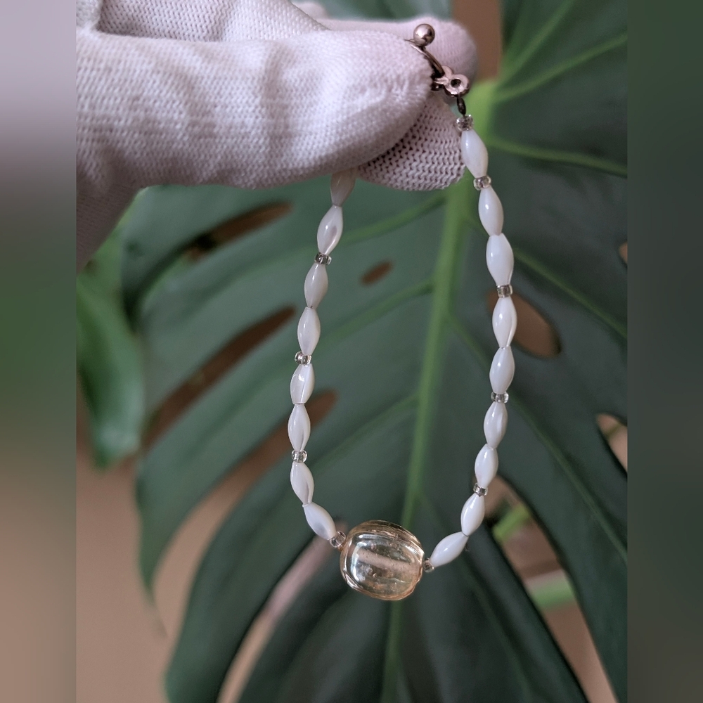 White Beaded Bracelet w/ Clear Glass Focal Bead | Toggle Clasp